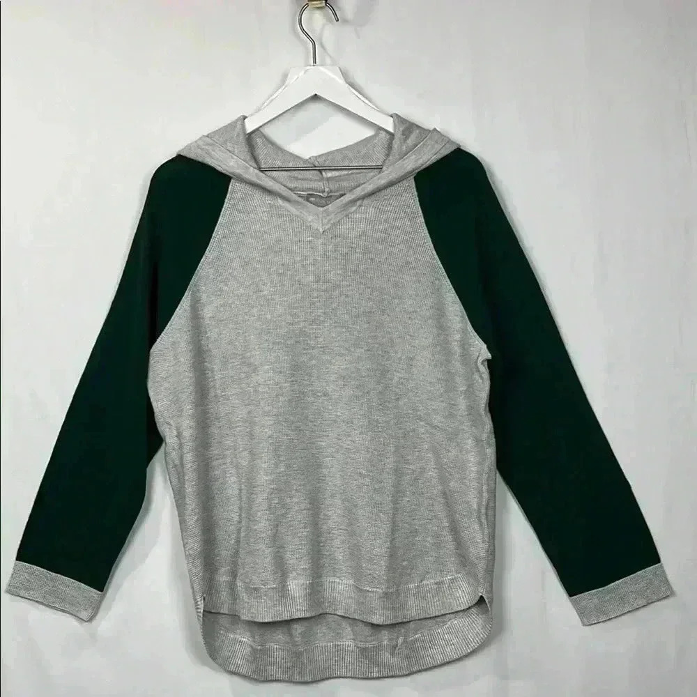 Evolution Womens Hoodie XXL Forest Green Gray Waffle Knit Pullover Hi-Lo Hem New